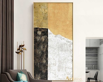 Large Minimalist Wall Art Gold Leaf Painting Black And White Art Yellow Abstract Painting On Canvas Gold Canvas Art Black Living Room Decor