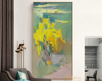 Large Green Painting Original Artwork Abstract Canvas Art Modern Painting Contemporary Art Natural Landscape Painting Yellow And Green Decor