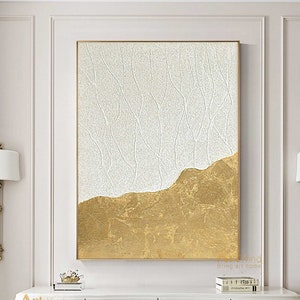 Large White Acrylic Painting Abstract Canvas Art White Original Artwork Gold Leaf Art Bedroom Decor Above bed Wall Art White And Gold Canvas