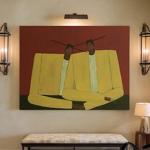 Vintage Abstract Couple Figure Painting Neutral Figurative Canvas Art Expressionist Portrait Painting Mid-Century Modern Minimalist Art