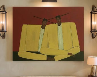 Dipinto astratto vintage di coppia, figura neutra, su tela, ritratto espressionista, arte minimalista moderna di metà secolo