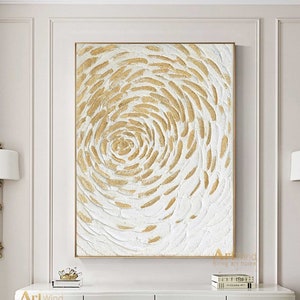 Gold Leaf Flower Painting: White Textured Abstract Art