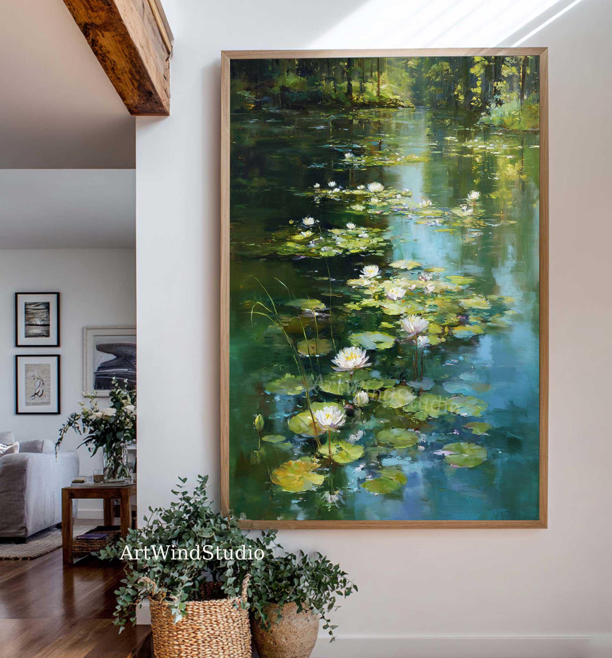 Abstract Water Lily Pond Oil Painting Green Nature Landscape Canvas ...
