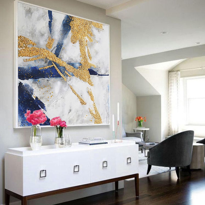 Original Abstract Painting Minimalist Gold Abstract Canvas Art White and Blue Wall Art Navy Blue Canvas Gold And Blue Art Living Room Decor image 2