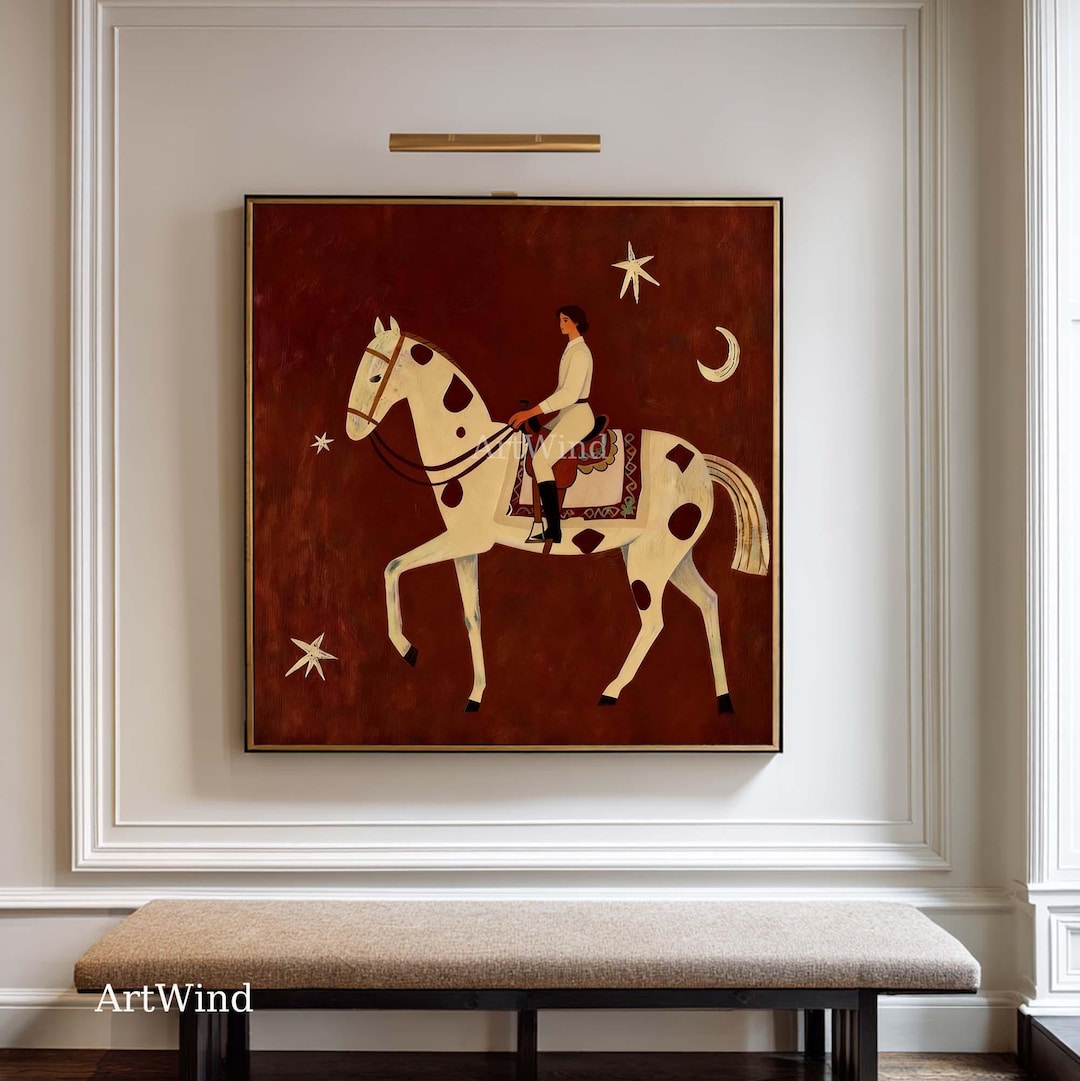 Vintage Abstract Horse Rider Painting Retro Red Minimalist Equestrian ...