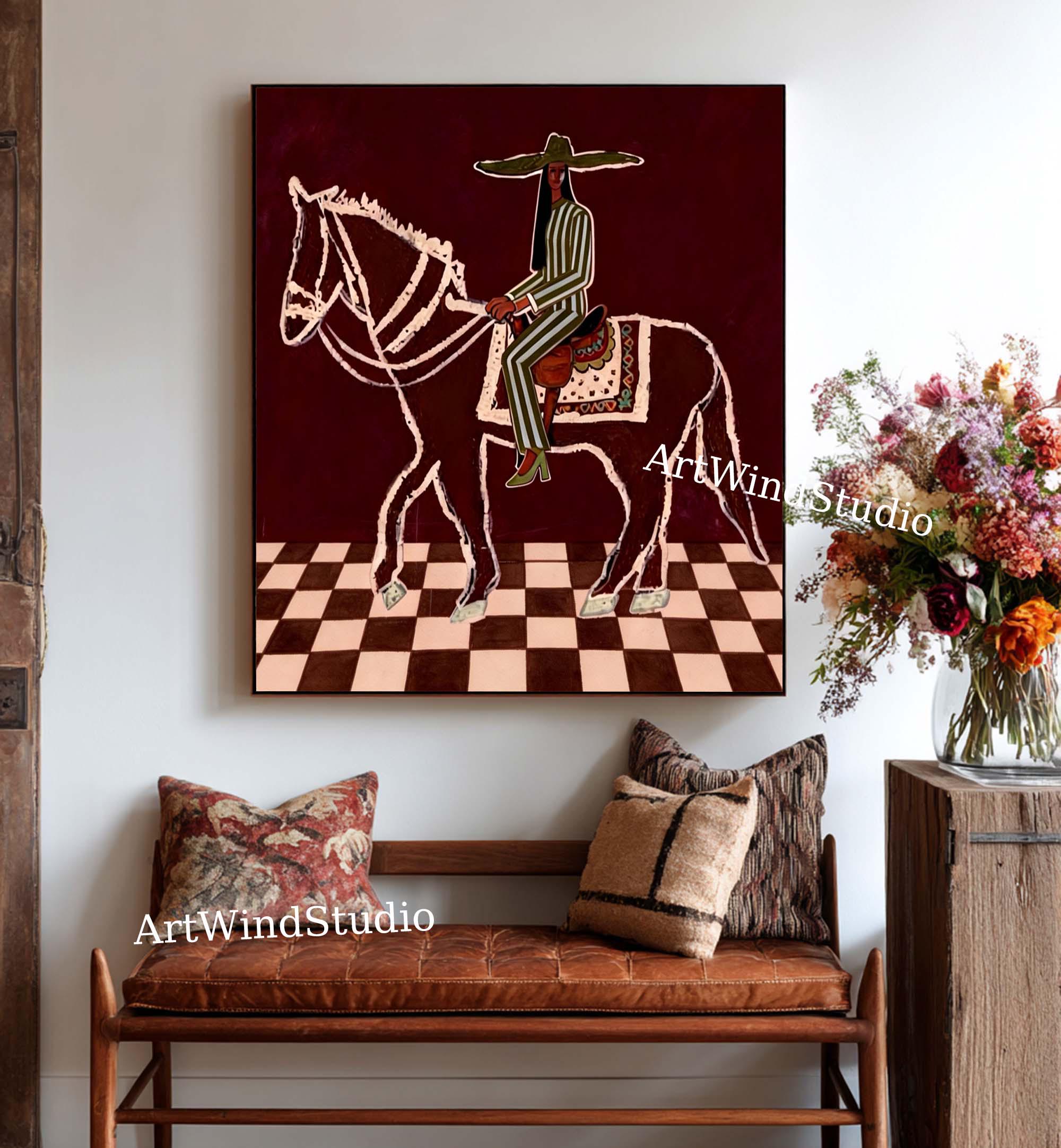 Vintage Abstract Horse Rider Oil Painting Western Cowgirl Wall Art ...