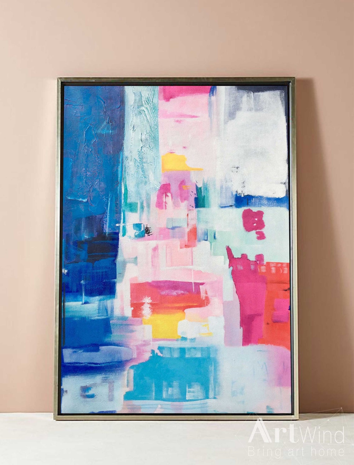 Large Blue Abstract painting Pink art Contemporary Wall Art Etsy