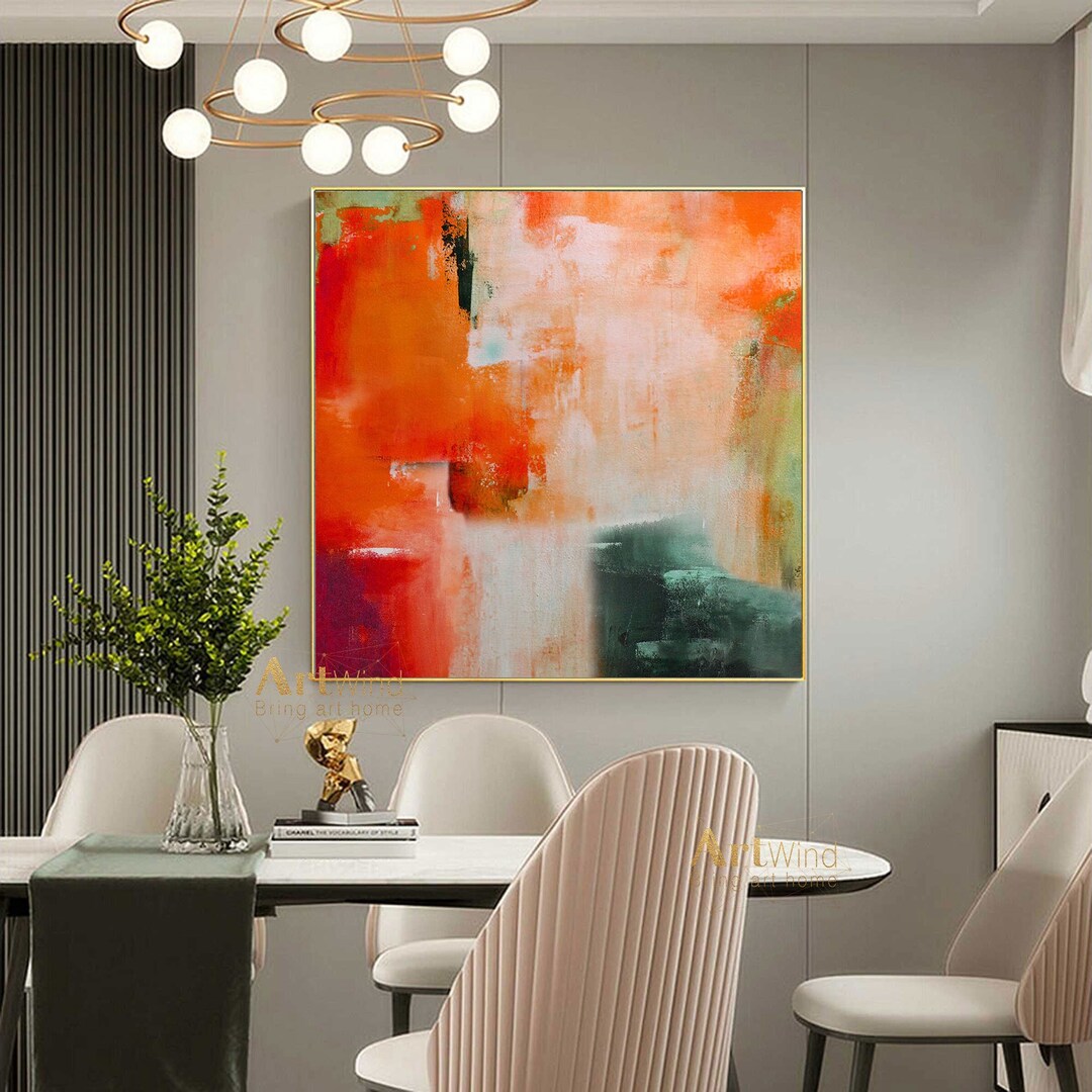 Large Red Abstract Canvas Art Green Modern Wall Art Colorful Original