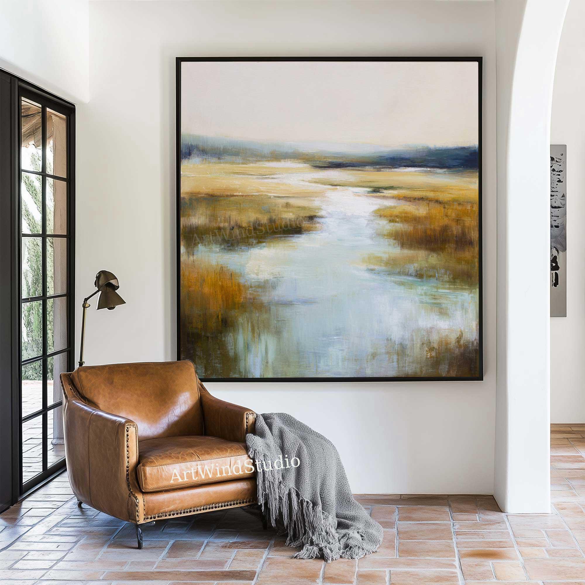 Large Landscape Oil Painting Abstract Marsh Wall Art Blue Yellow Canvas ...