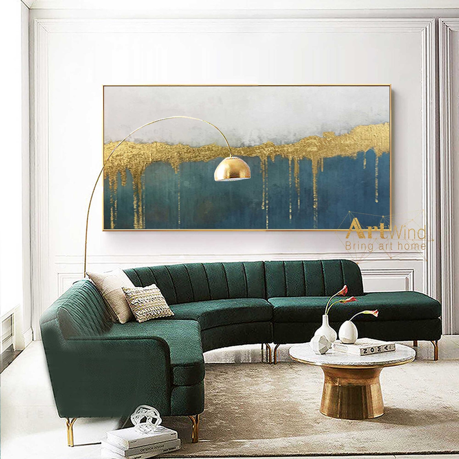 Abstract Canvas Art Green Modern Wall Art Gold Leaf Painting Etsy