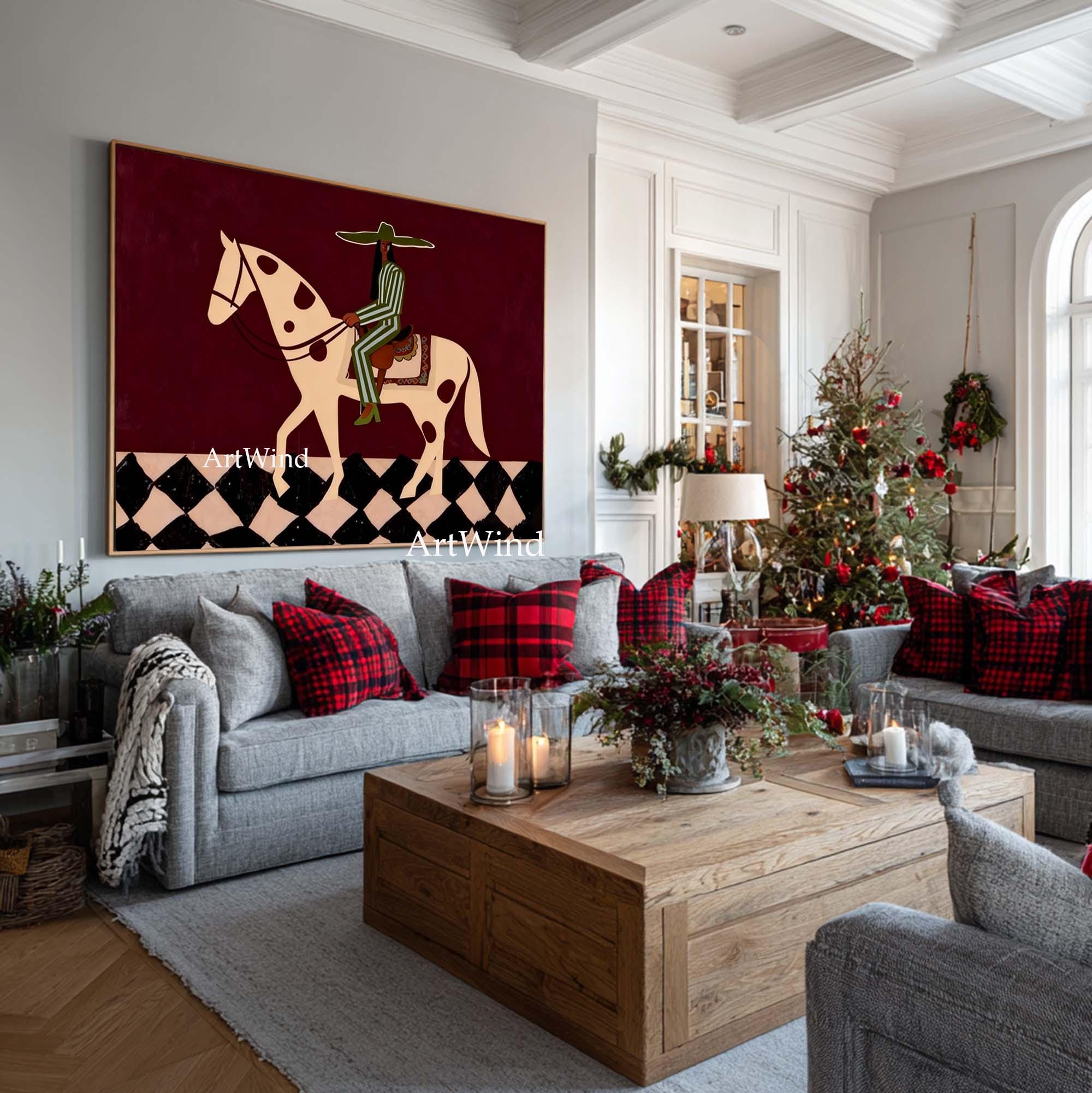 Vintage Abstract Horse Rider Painting Large Red Textured Wall Art ...