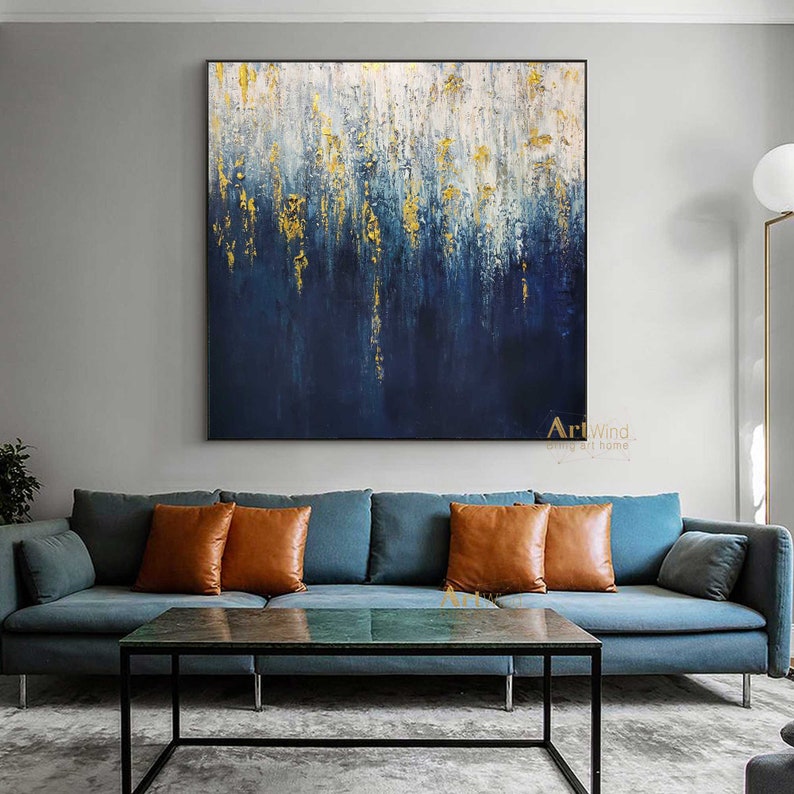 Dark Blue Painting Oversize Abstract Canvas Art Modern Wall Etsy