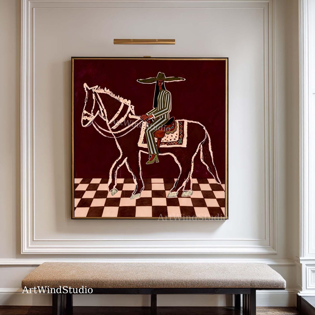 Vintage Abstract Horse Rider Oil Painting Western Cowgirl Wall Art ...