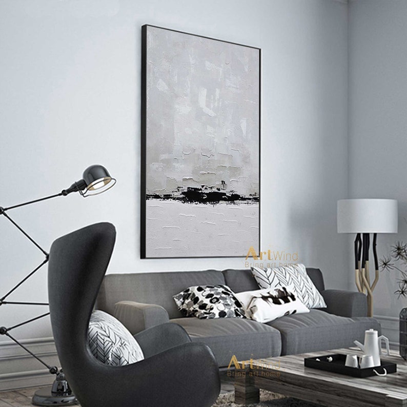 Contemporary Art White Minimalist Decor Black Abstract Etsy