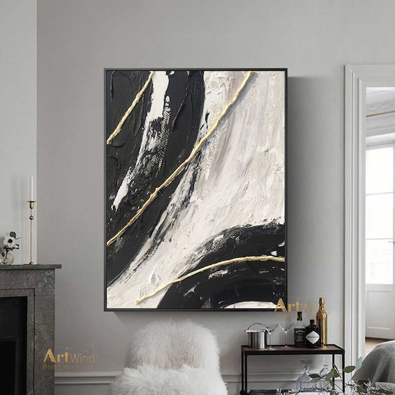 Acrylic Painting On Canvas,Black And White Minimal Painting On Canvas,Large  Contemporary Art Canvas Painting #