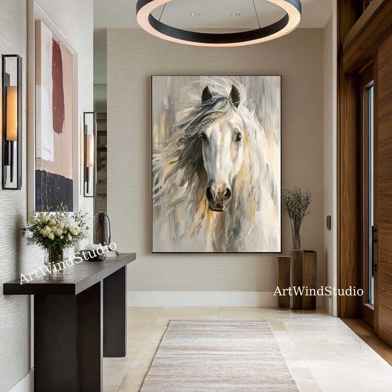 Abstract White Horse Oil Painting Neutral Animal Portrait Canvas Art ...