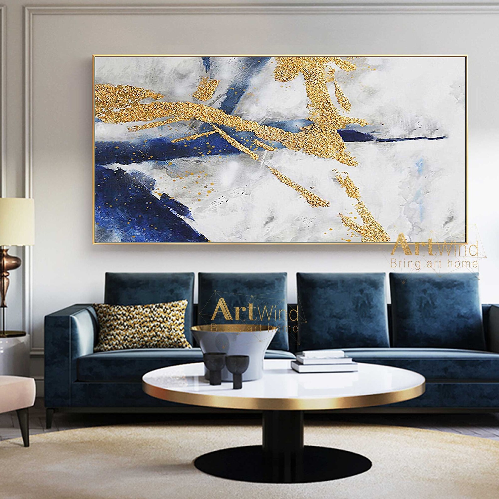 Large Gold Painting Navy Blue Wall Art Original Art Handmade Etsy