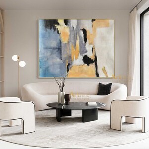 Large Blue Abstract Painting On Canvas Orange Abstract Canvas Art Modern Beige Wall Art Black Modern Decor Original Artwork Bedroom Painting image 3