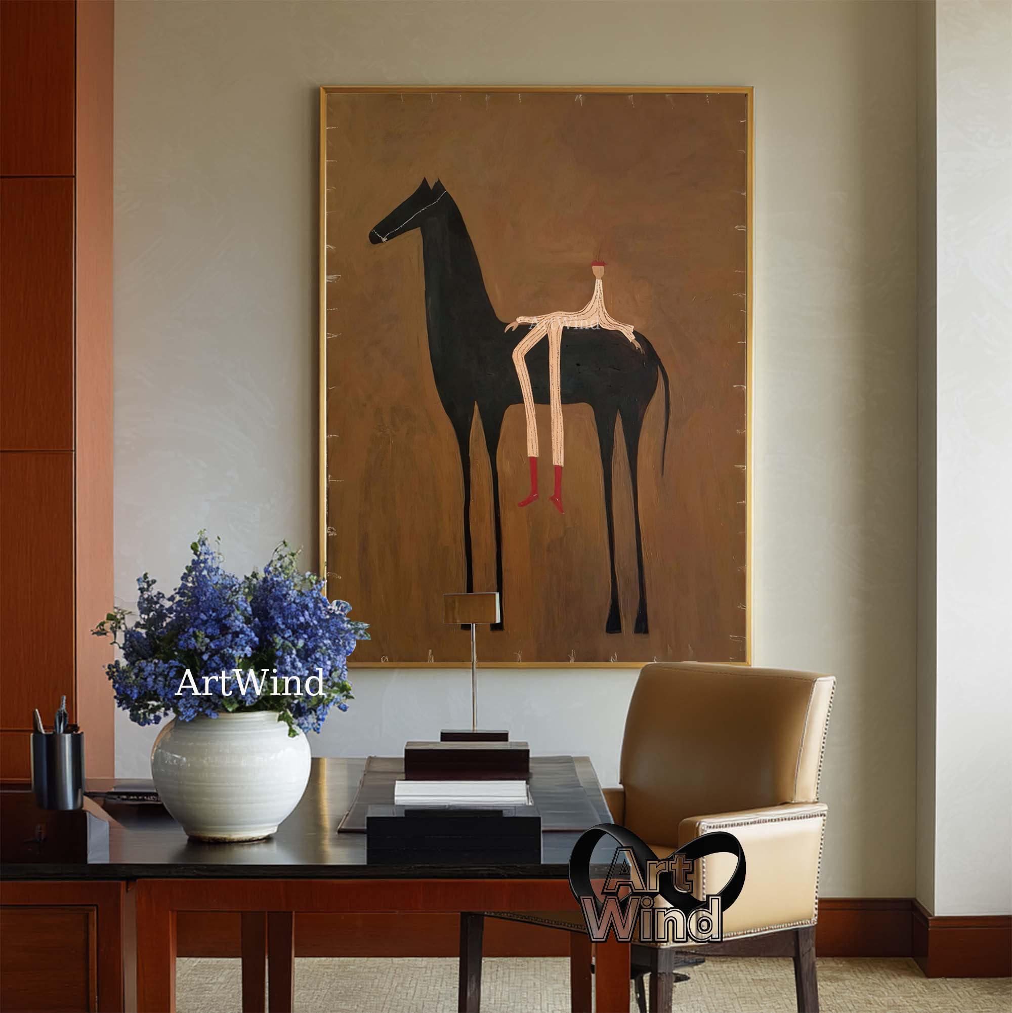 Brown Abstract Horse and Figure Painting Vintage Minimalist Wall Art ...