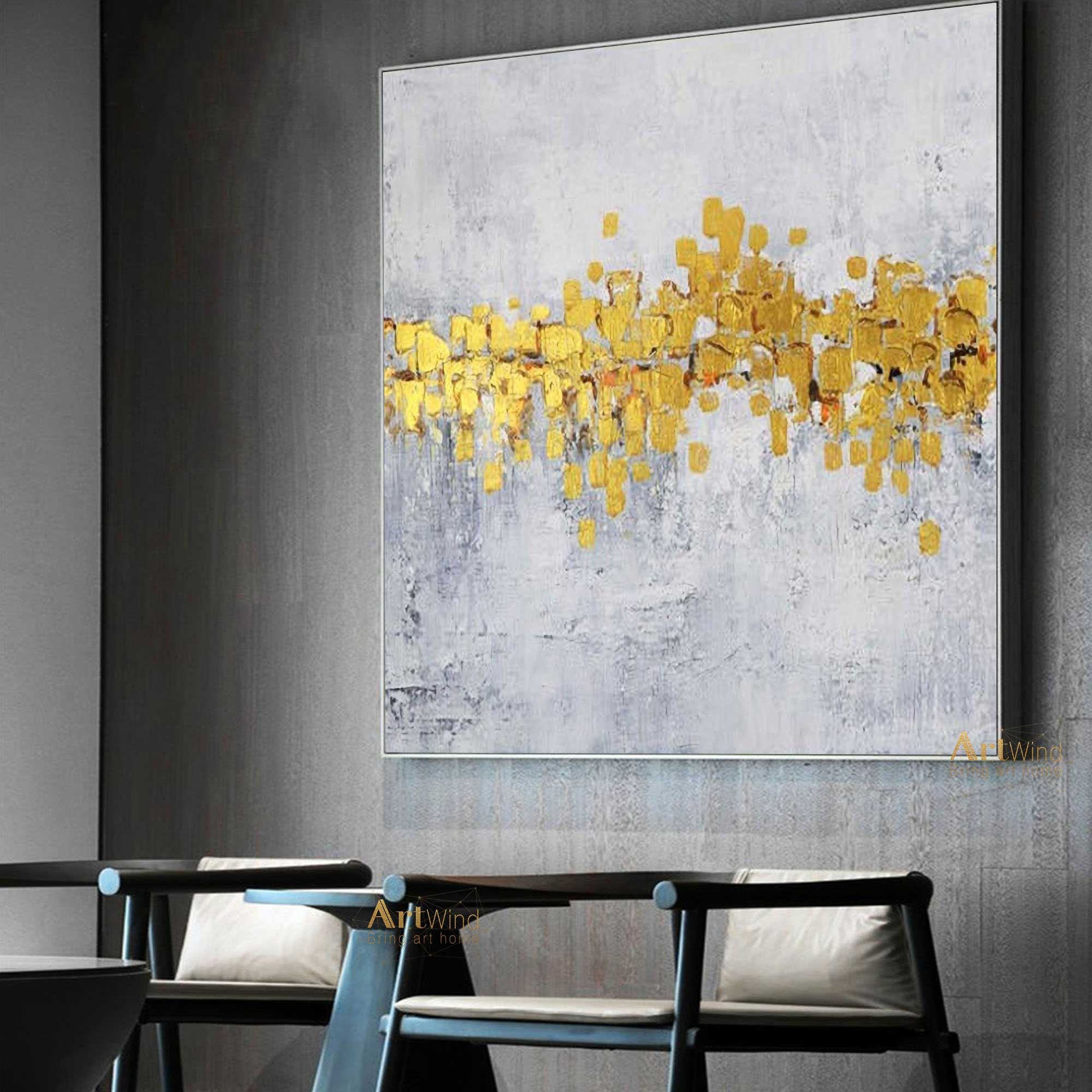 抽象画 グレーと金のキャンバスアート 金箔の抽象画：モダンなグレーのキャンバスアート - Etsy 日本