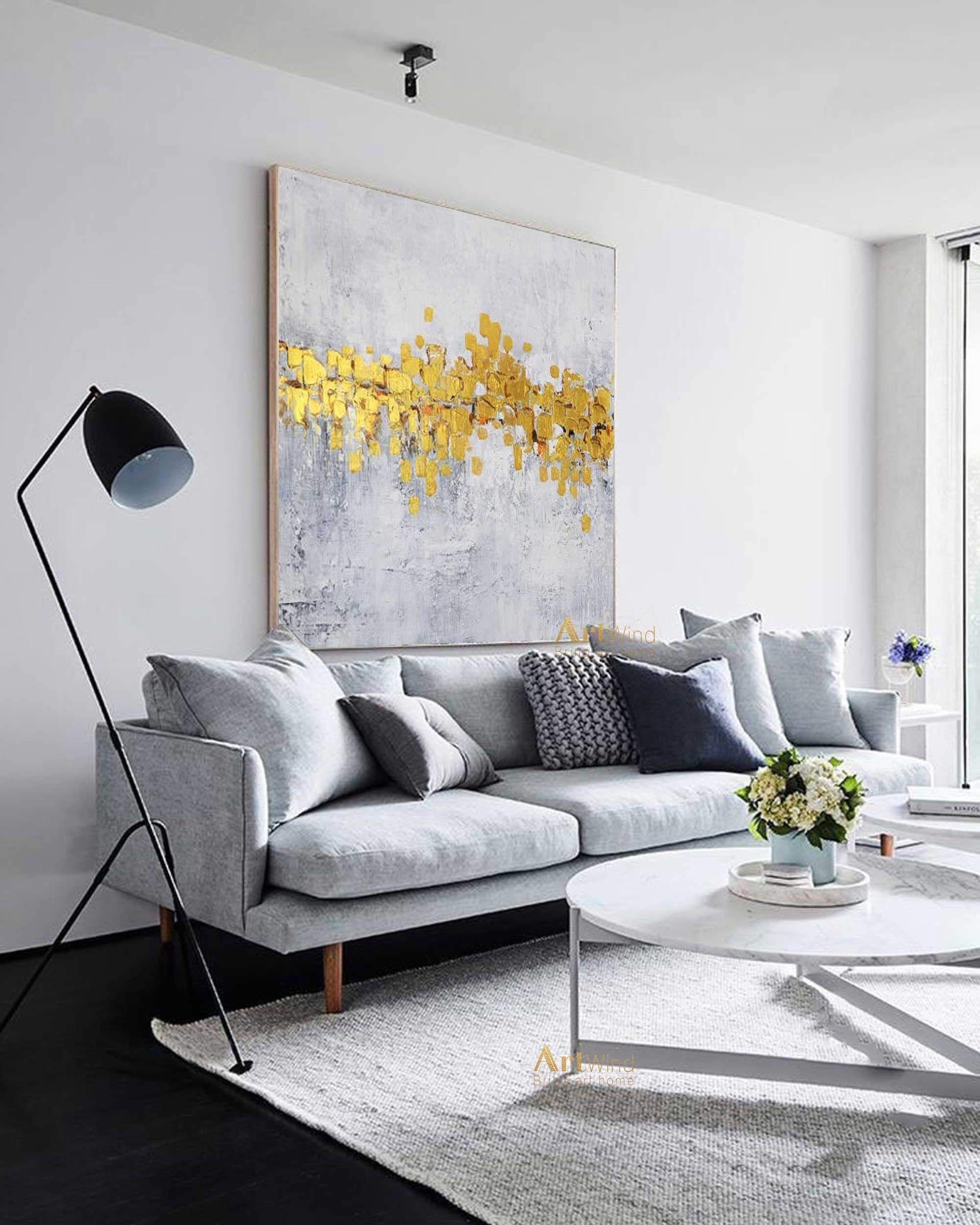 抽象画 グレーと金のキャンバスアート 金箔の抽象画：モダンなグレーのキャンバスアート - Etsy 日本