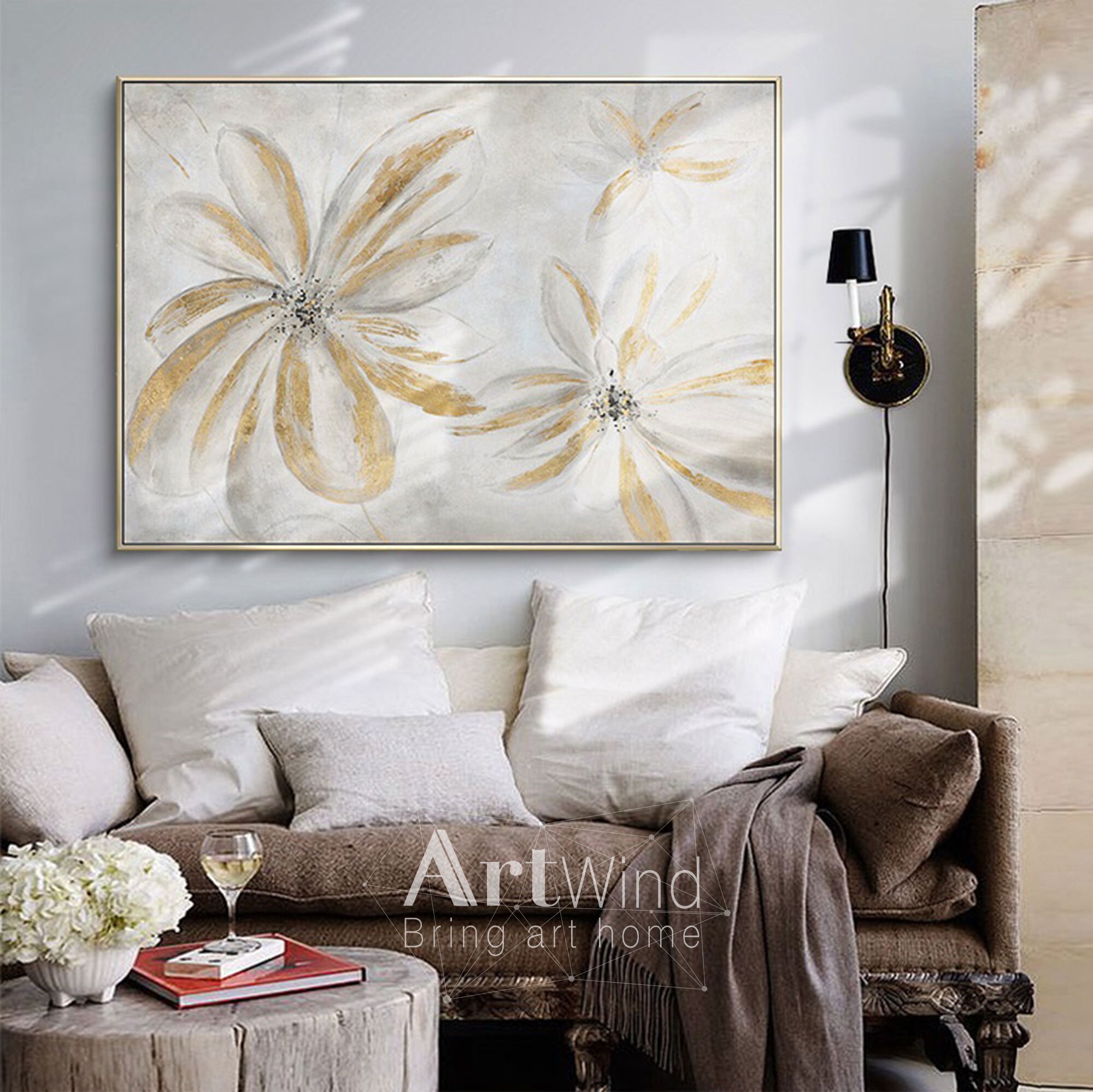 Large Gold Flowers Painting Grey Canvas Art Gray And Gold Art Etsy