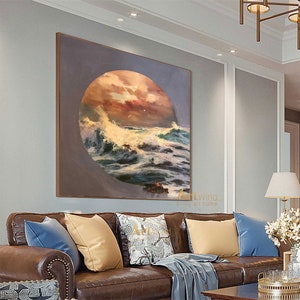 Large Sunset Painting Sunrise Canvas Art Ocean Waves Painting White Modern Acrylic Painting Contemporary Art Living Room Contemporary Decor image 6