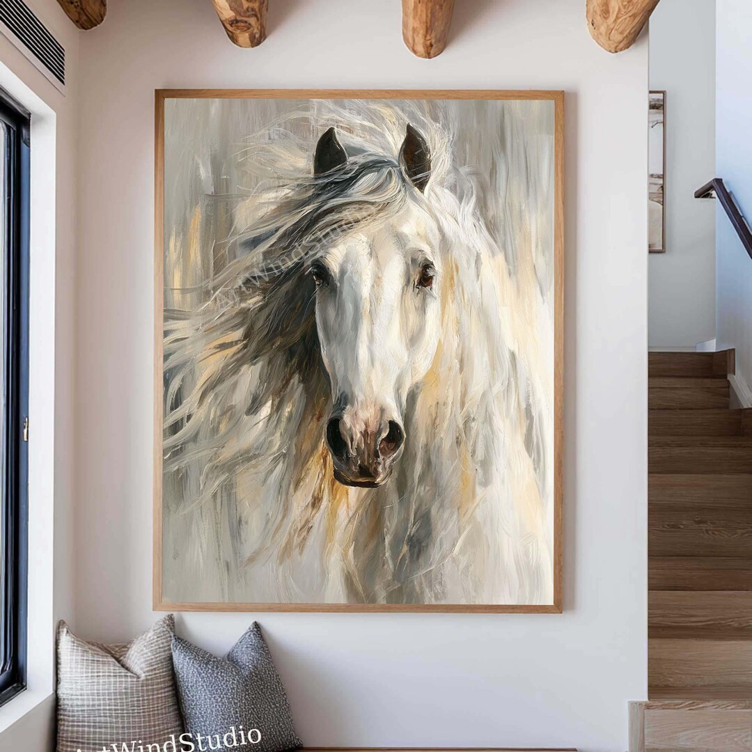 Abstract White Horse Oil Painting Neutral Animal Portrait Canvas Art ...