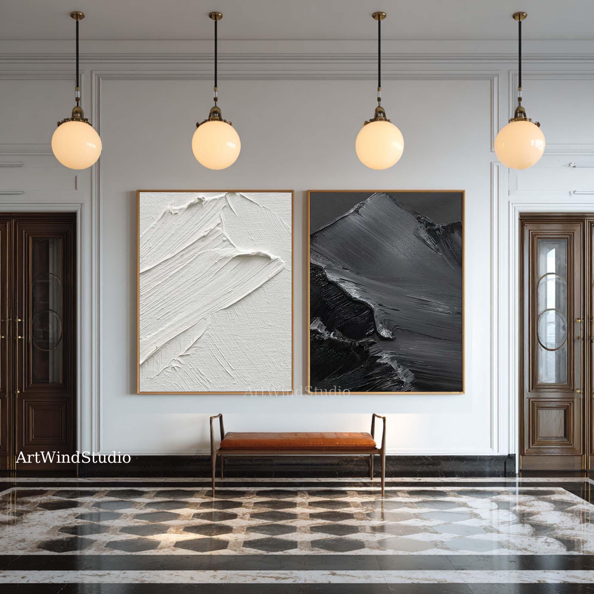Textured Abstract Painting Set: Black and White Minimalist Wall Art - Etsy
