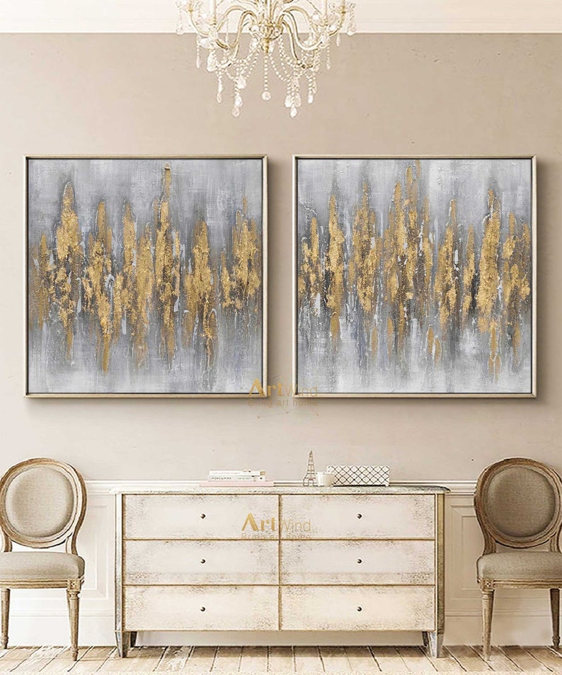 Oversized Grey Abstract Canvas Art Set of 2 Gold Leaf Abstract Etsy