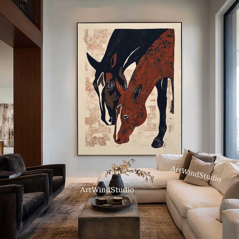 Original Horse Oil Painting Large Abstract Equestrian Wall Art Japandi ...