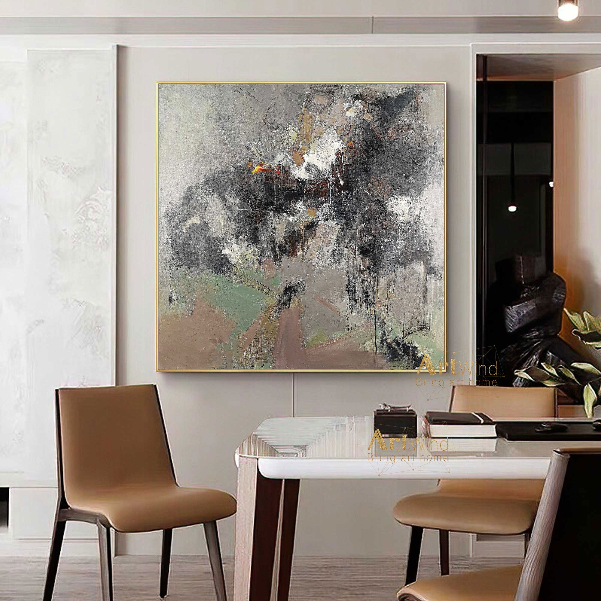 Grey Abstract Canvas Art Green And Gray Painting Black Modern Etsy