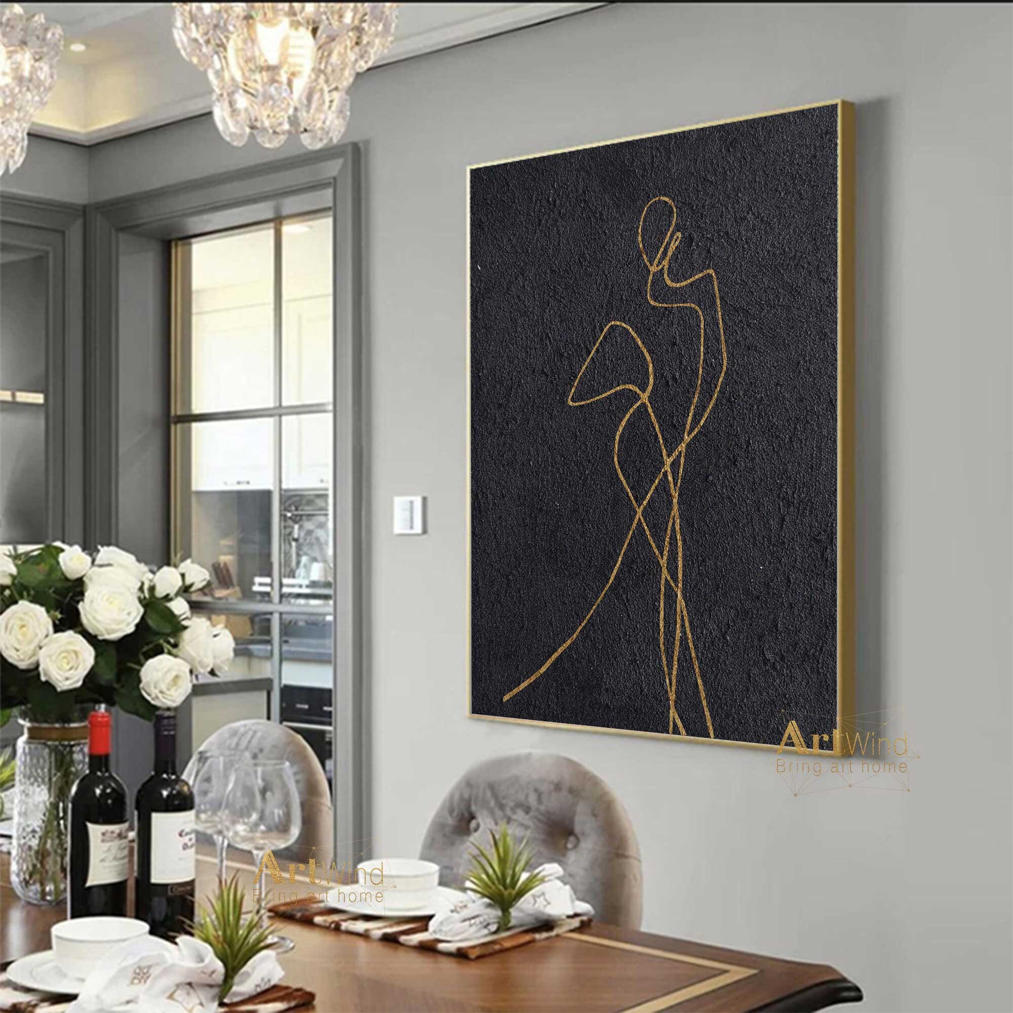 Large Minimalist Art Black Painting Gold Canvas Art Framed Etsy