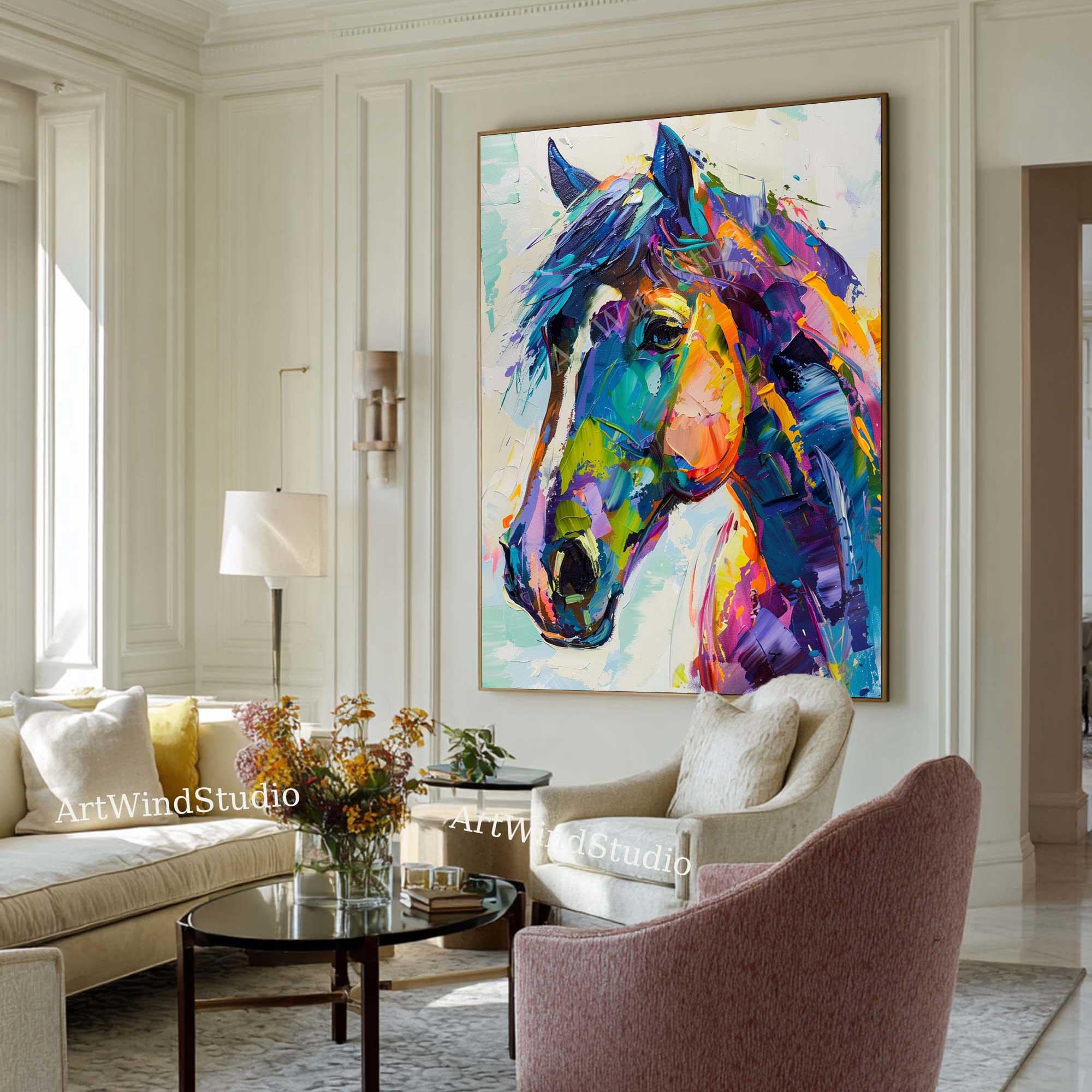 Large Abstract Horse Oil Painting Colorful Animal Wall Art Original ...