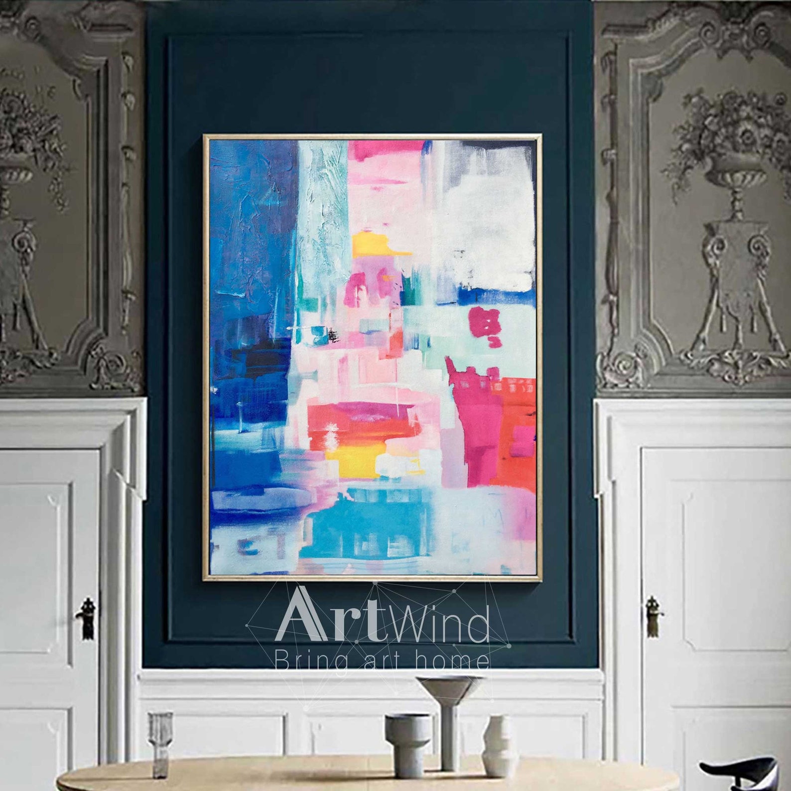 Large Blue Abstract painting Pink art Contemporary Wall Art Etsy