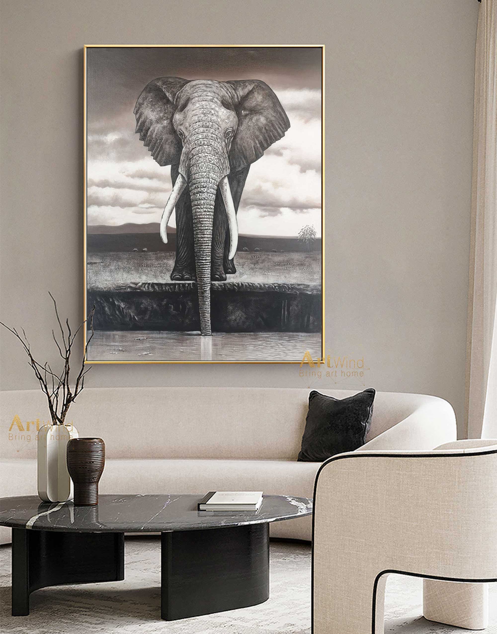 Elephant painting with acrylic and oil paint on black canvas Modern  Abstract Art - Oversized Paintings on Canvas, Large Office Wall Art , Large