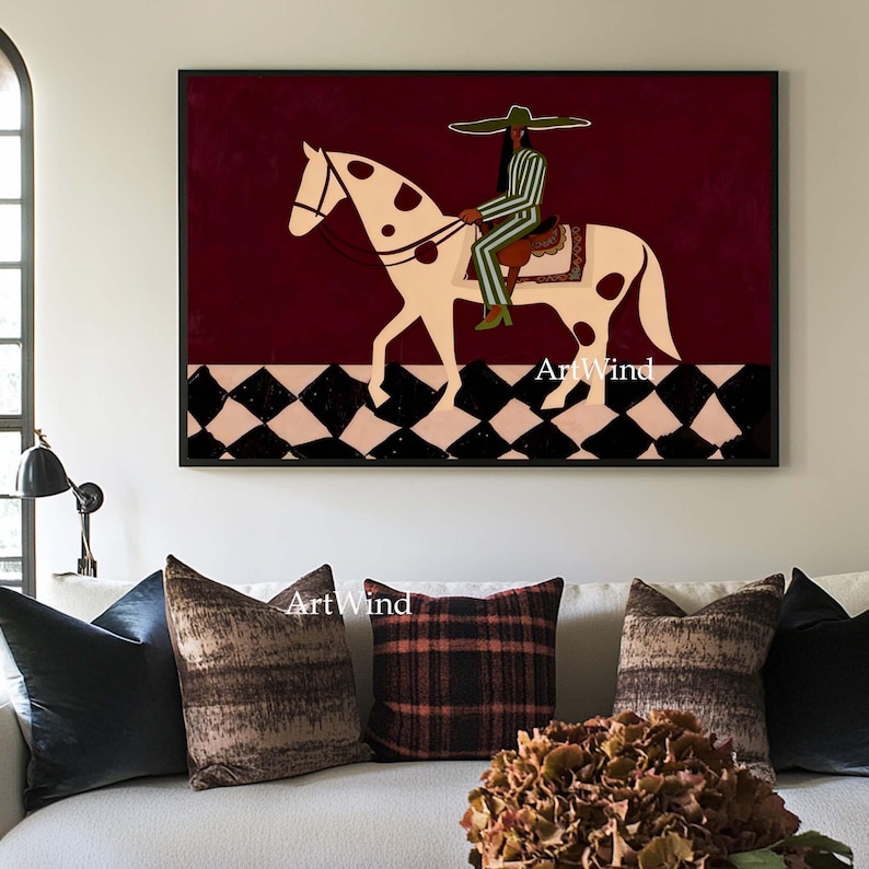 Vintage Abstract Horse Rider Painting Large Red Textured Wall Art ...