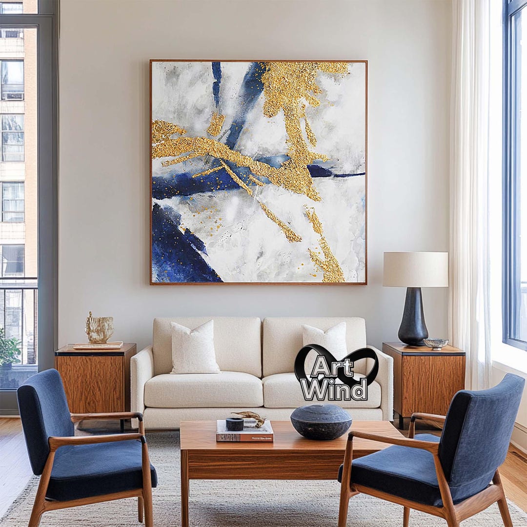 Large Blue Gold Abstract Canvas Wall Art – Modern Minimalist Texture ...