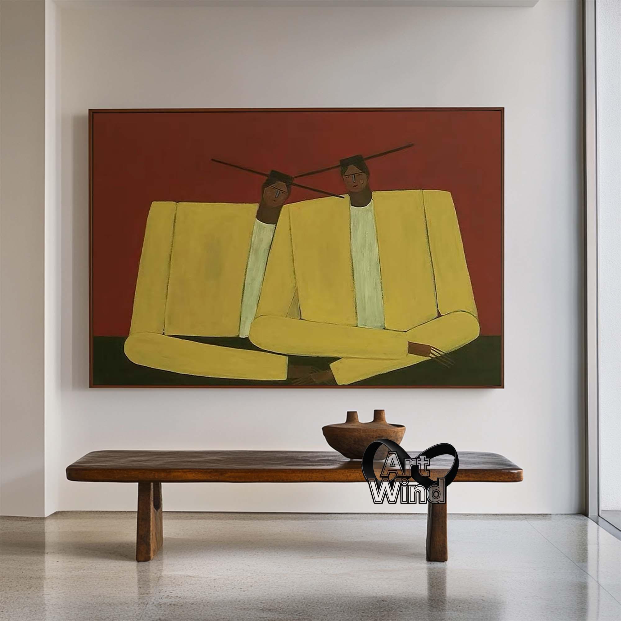 Vintage Figurative Canvas Art Abstract Couple Oil Painting Mid-Century Modern Art