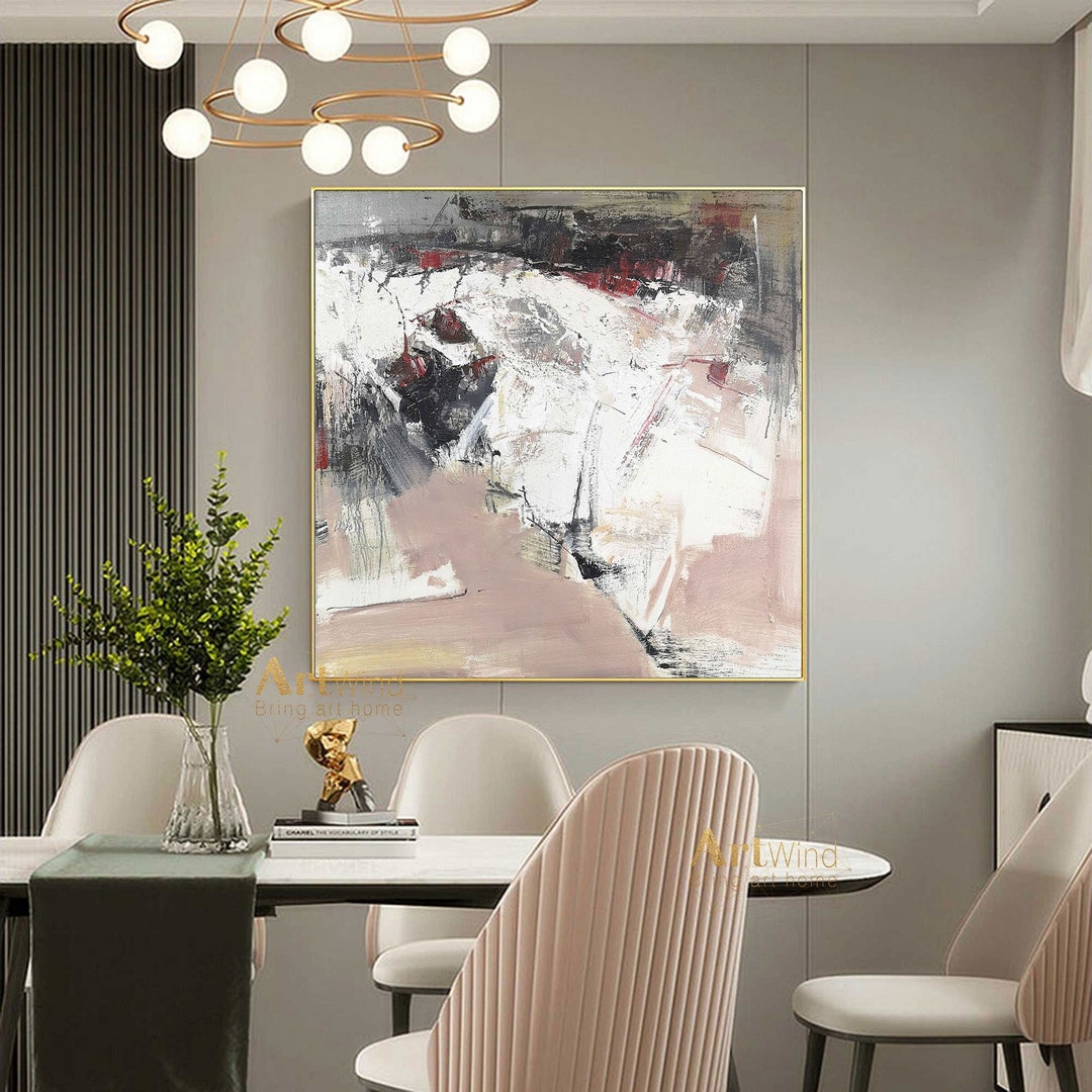 Large Pink Abstract Painting White and Black Canvas Art Beige Etsy