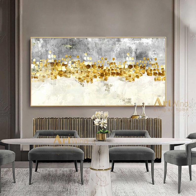 Gold Leaf Painting Grey Minimalist Art White Abstract Painting Gray And Gold Art Handmade Painting Contemporary Art Modern Acrylic Painting image 1