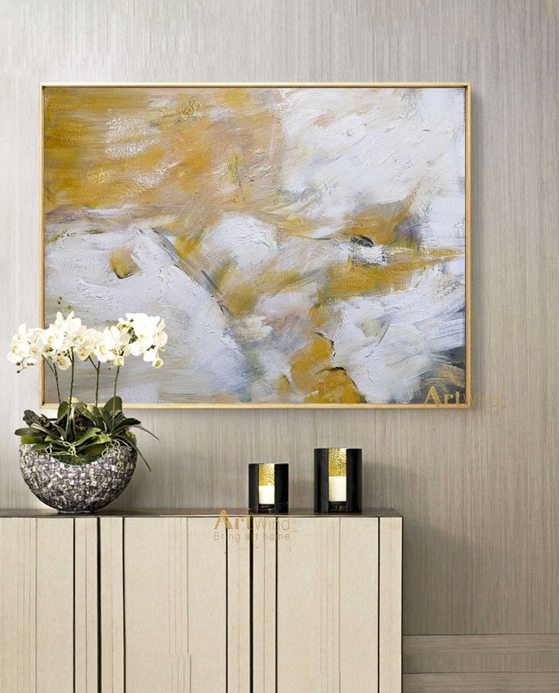 Extra Large Yellow Canvas Art Cloud Abstract Painting White Etsy