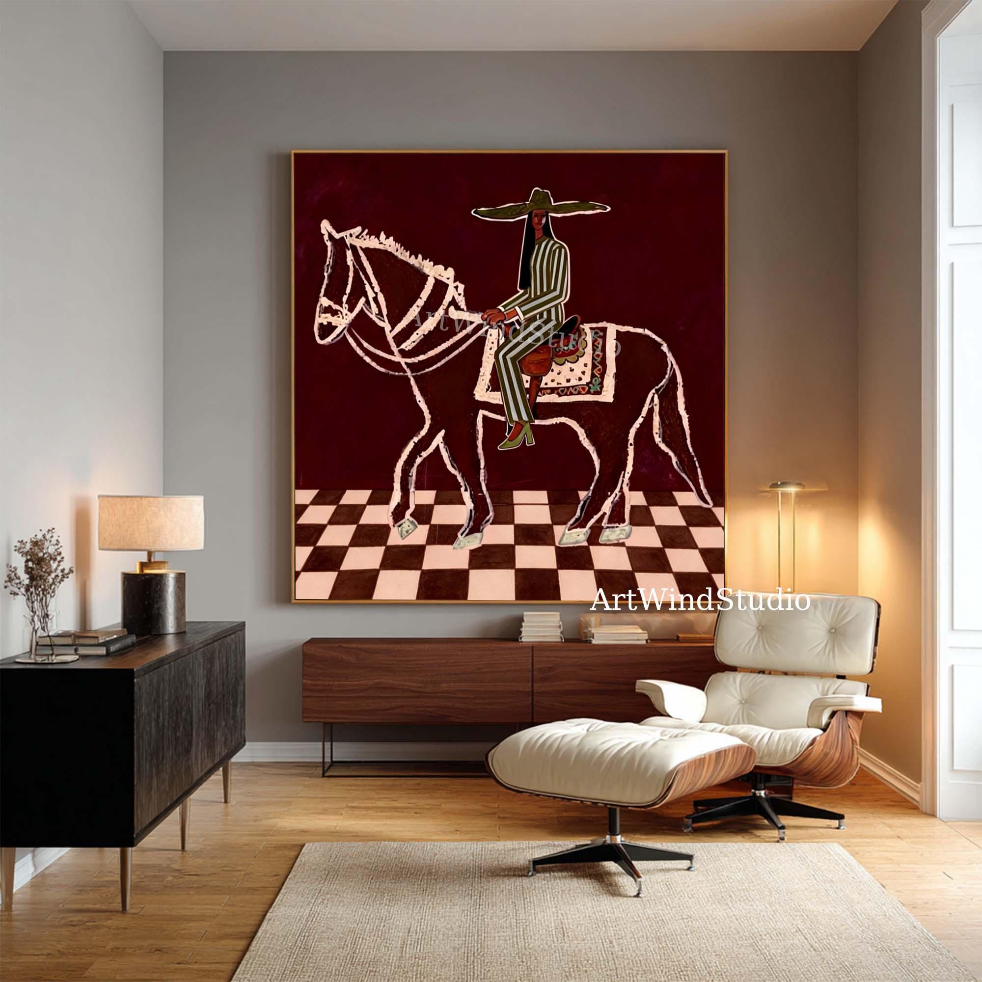 Vintage Abstract Horse Rider Oil Painting Western Cowgirl Wall Art ...