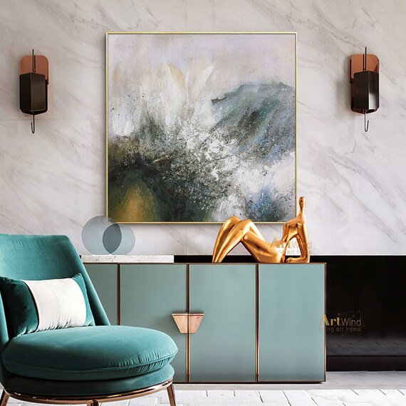 Large Teal Abstract Painting Textured Canvas Art White Etsy