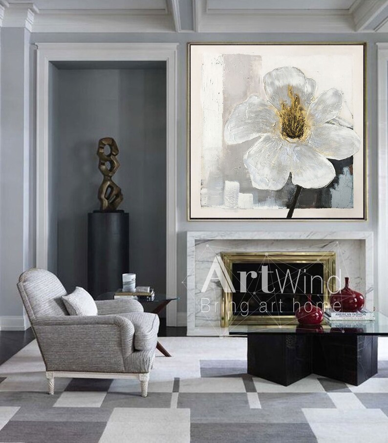 White Wall Decor Oil Painting Living Room Decor Flower Etsy