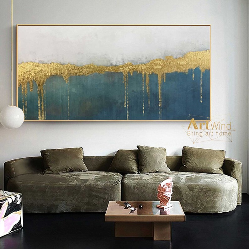 Abstract Canvas Art Green Modern Wall Art Gold Leaf Painting Etsy