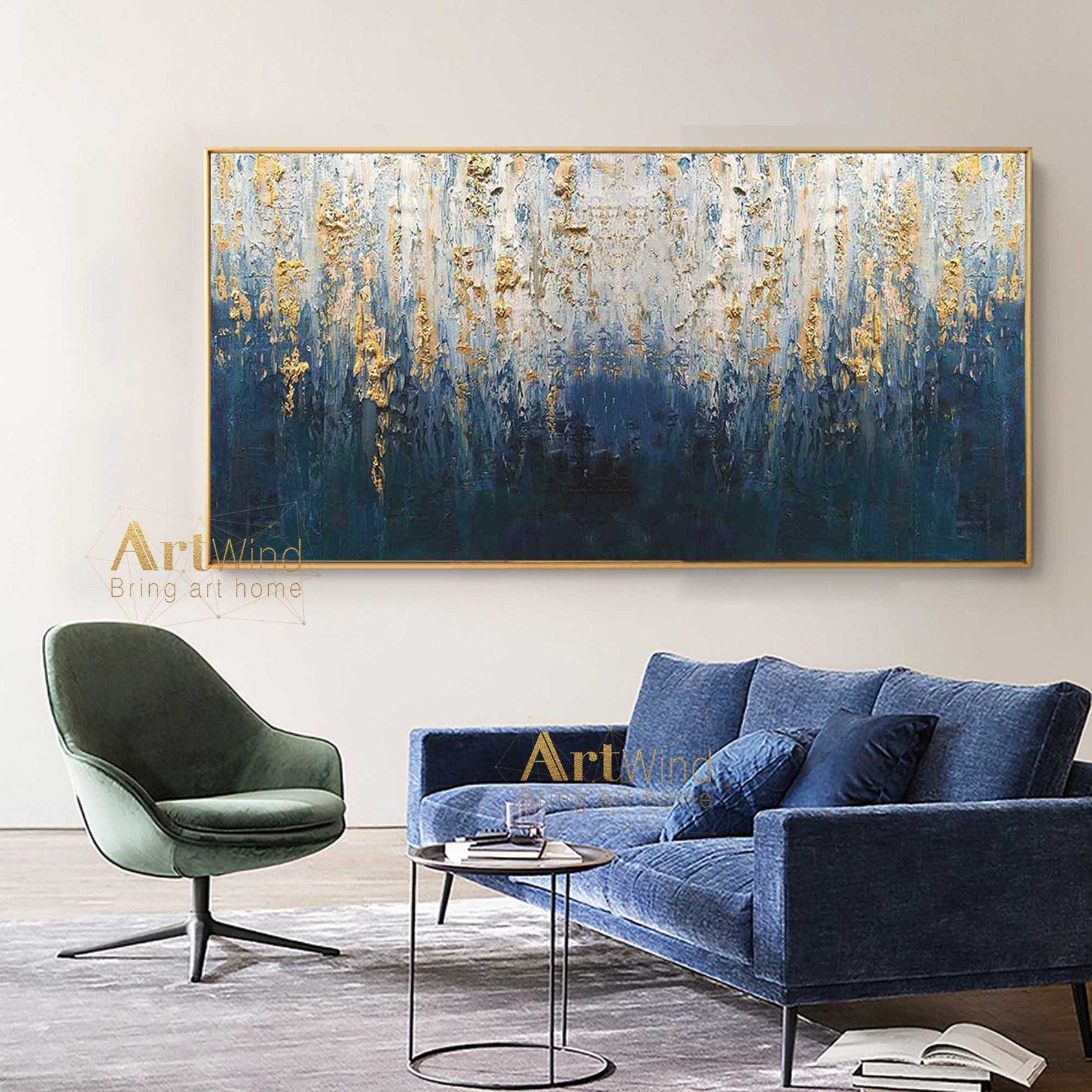 Large Navy Blue Abstract Canvas Art Textured Painting Gold Etsy