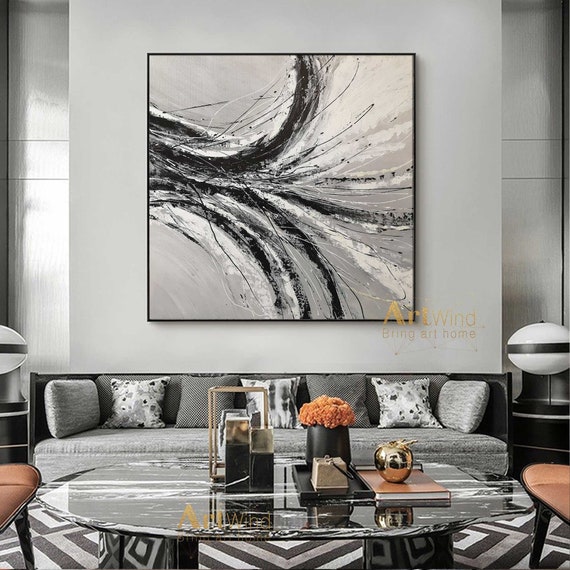 Acrylic Painting On Canvas,Black And White Minimal Painting On Canvas,Large  Contemporary Art Canvas Painting #