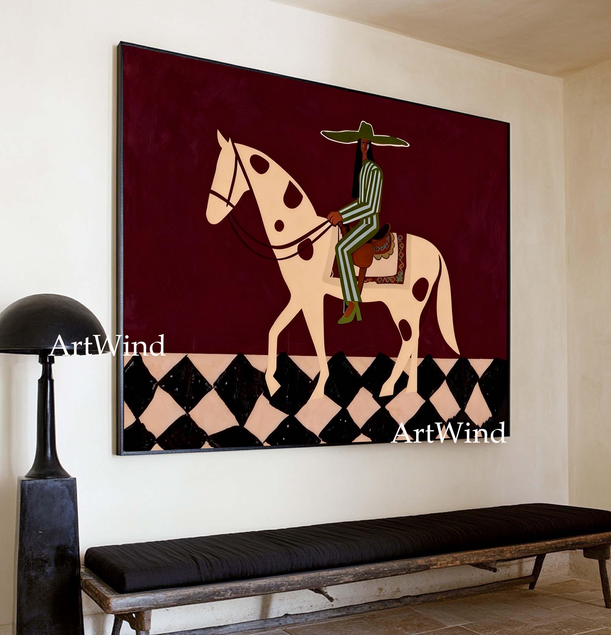 Vintage Abstract Horse Rider Painting Large Red Textured Wall Art ...