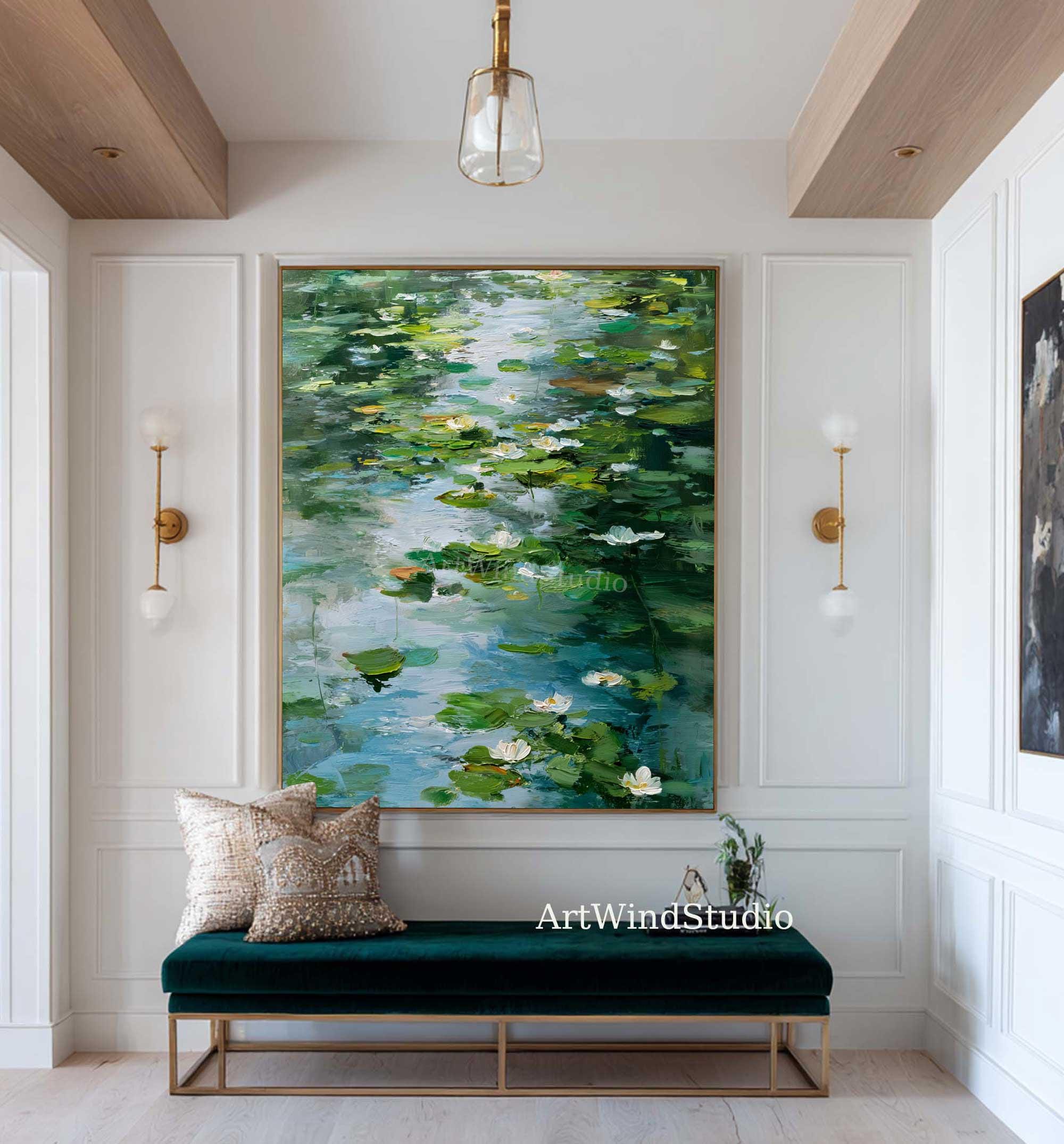 Large Abstract Water Lily Pond Oil Painting Green Textured Canvas Art ...
